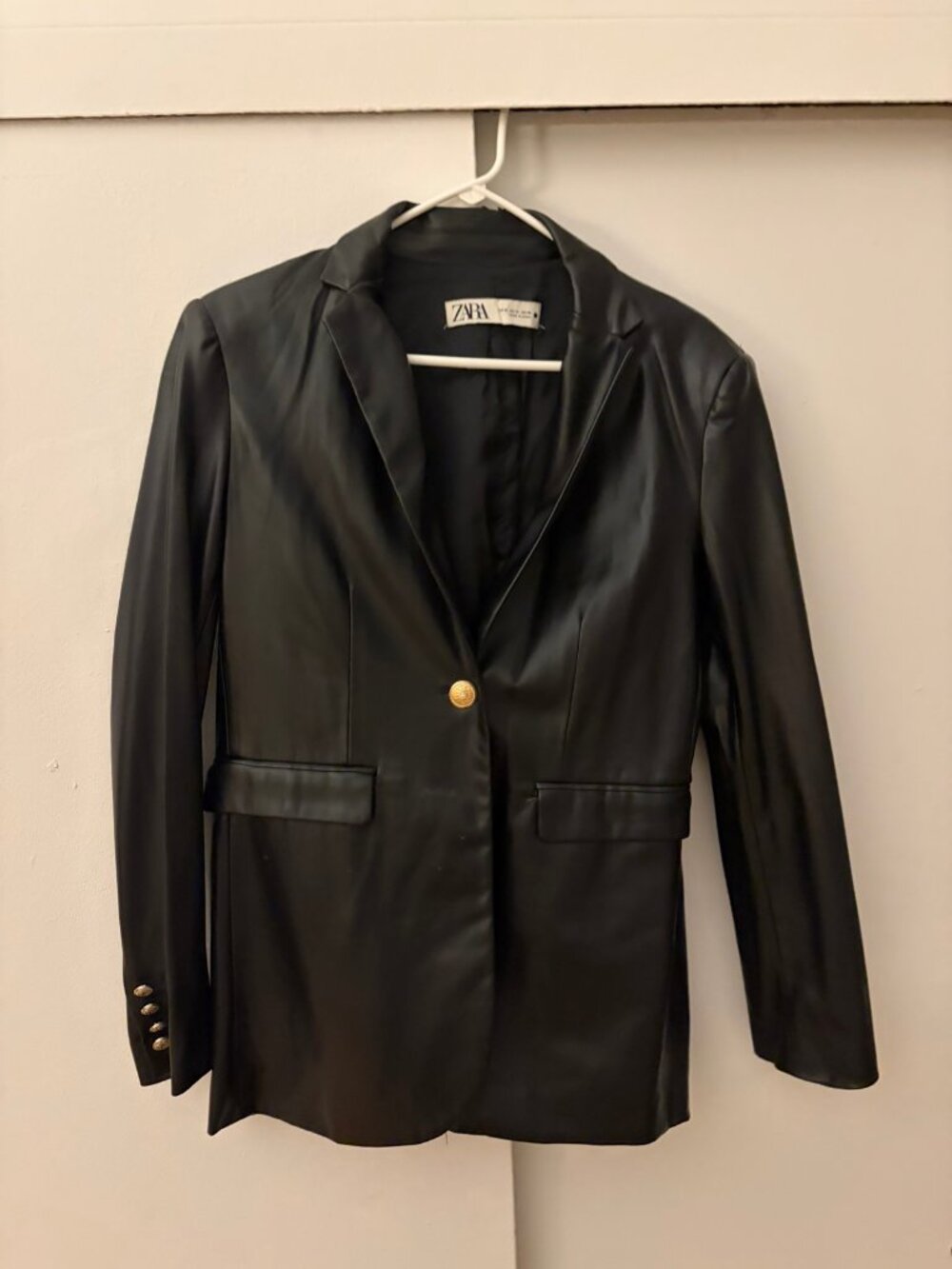Zara Faux Leather Blazer with Gold Buttons - Black